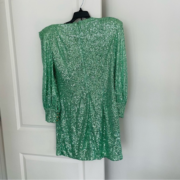 Ieena for Mac Duggal Green Sequined Mini Dress Bishop Sleeve Size 12 - Picture 13 of 16